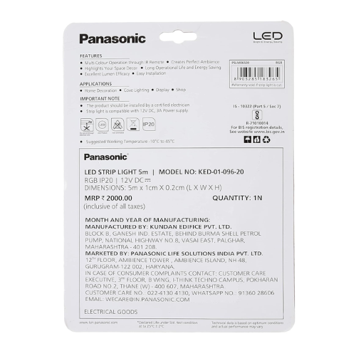 Panasonic Polycarbonate 10W RGB LED Strip Light, 12V DC 5 Metres Strip Light, IP 20, MULTI Colours with remote - Image 3