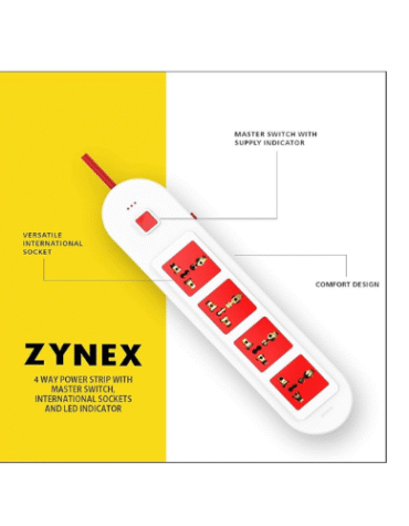 Elleys’ ZYNEX Extension Board 10Amp with Master Switch – (Red & White) Color with Indicator 4 International Sockets | Multi Plug Travel Adapter for Home Appliances 2 Meter