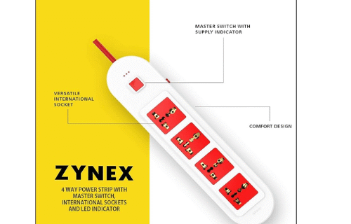 Elleys’ ZYNEX Extension Board 10Amp with Master Switch – (Red & White) Color with Indicator 4 International Sockets | Multi Plug Travel Adapter for Home Appliances 2 Meter