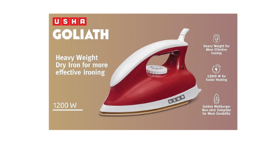 USHA Goliath 1200Watt Dry Iron with 1.8m Long Swivel Cord | Double Coat Golden Non Stick Soleplate for Longer Durability | 360° Swivel Cord | 2 Years Warranty | (Maroon), 1200 watts, Plastic