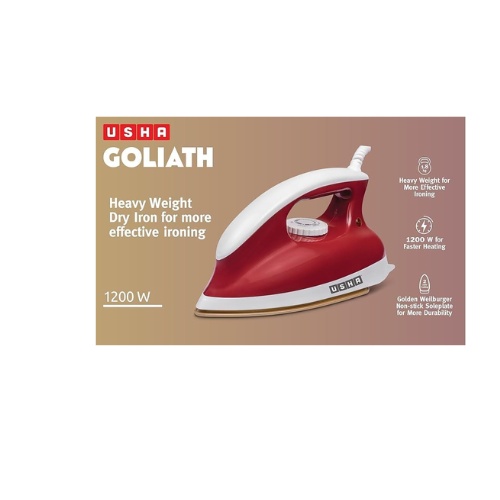 USHA Goliath 1200Watt Dry Iron with 1.8m Long Swivel Cord | Double Coat Golden Non Stick Soleplate for Longer Durability | 360° Swivel Cord | 2 Years Warranty | (Maroon), 1200 watts, Plastic