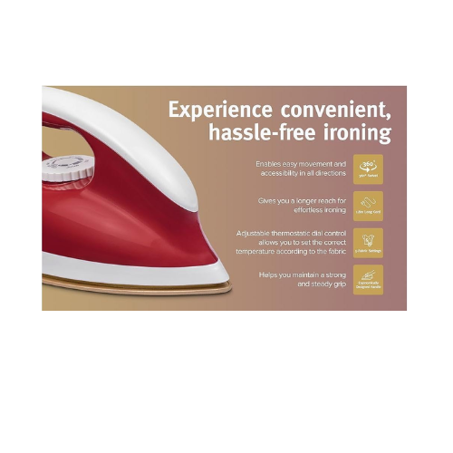 USHA Goliath 1200Watt Dry Iron with 1.8m Long Swivel Cord | Double Coat Golden Non Stick Soleplate for Longer Durability | 360° Swivel Cord | 2 Years Warranty | (Maroon), 1200 watts, Plastic - Image 2