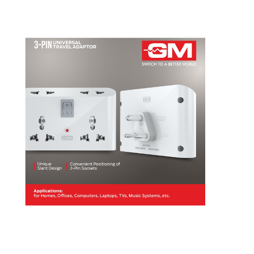 GM 3 Pin 6 AMP Universal Multiplug Travel Adapter with 4 Charging Point | Useful for Home Applications, Mobiles, Computers, Laptops | Adapter with Inbuilt Surge Protector & Power Indicator | GM 3019