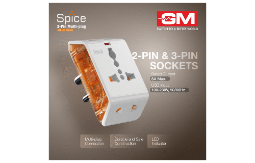 GM 6AMP 3-Pin Multi Plug Adapter | Universal Travel Adaptor | Supports 2-Pin & 3-Pin Plugs | Multiple Charging Ports | Charge Smartphones, Laptops & Other Devices | Compact & Reliable | GM 3017 (1)