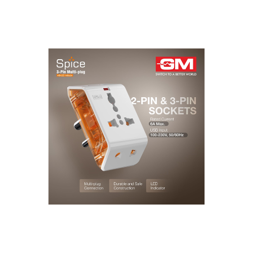 GM 6AMP 3-Pin Multi Plug Adapter | Universal Travel Adaptor | Supports 2-Pin & 3-Pin Plugs | Multiple Charging Ports | Charge Smartphones, Laptops & Other Devices | Compact & Reliable | GM 3017 (1)