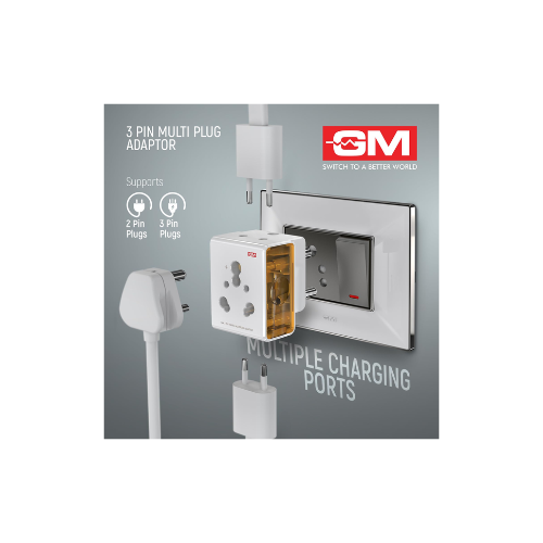 GM 16AMP 3-Pin Multi Plug Adapter | Universal Travel Charger | Supports 2-Pin & 3-Pin Plugs | Multiple Charging Ports | Charge Smartphones, Laptops & Other Devices | Compact & Reliable | White GM 3050 - Image 2
